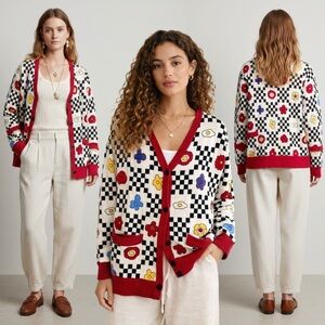 Kina & Tam Floral Funky Cardigan Oversized Knit Sweater Retro Fried Egg Check L
